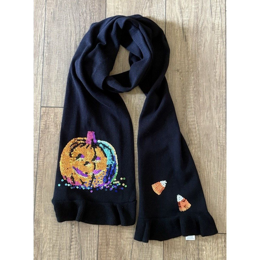 Quacker Factory Halloween Black Knit Scarf Sequin Pumpkin Candy Corn Ruffle NWT